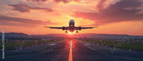 A plane taking off from an airport with beautiful landscape in sunset