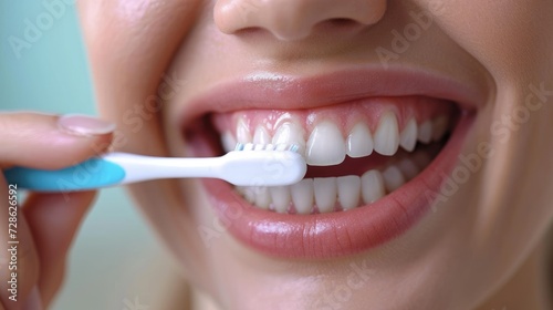Close up beautiful mouth of woman with hand holding brush, young woman brushing her teeth with a toothbrush