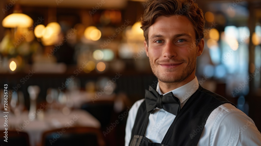 Obraz premium waiter man in uniform serve and get order in ruxury restaurant