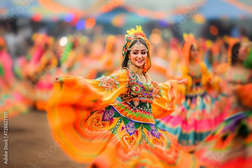 A vibrant image of a woman performing a traditional Indian dance at a cultural festival, adorned in colorful costume. photo