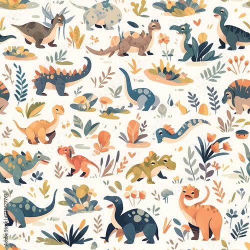 Colorful Dinosaurs and Flora Pattern