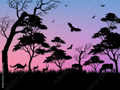 An African safari animal silhouette  with hill, mountain landscape scene on background vector illustration.