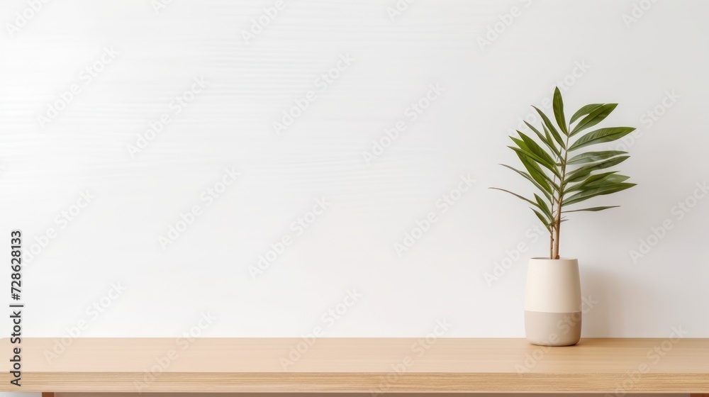 Empty home desk table background. Wooden table with a vase and a plant against a white wall in the living room of a home or office. 