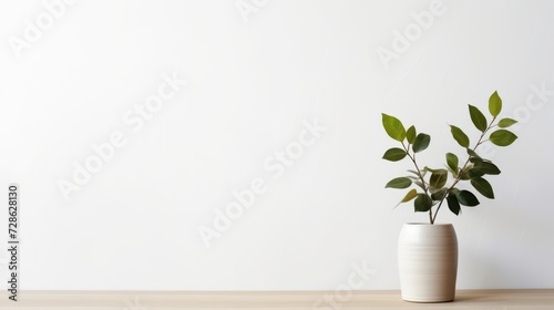 Empty home desk table background. Wooden table with a vase and a plant against a white wall in the living room of a home or office.
