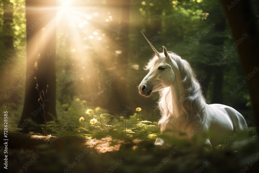 Magical Unicorn pegasus horse in the Forest, copy space Magical Unicorn pegasus horse in the Forest, copy space