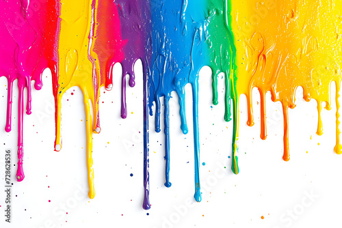 Rainbow colored paint dripping on white background. Banner with colored oil streaks - pride colors