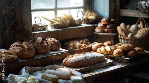 A rustic display of various freshly baked artisanal bread in a bakery.