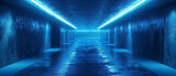 A long tunnel with blue lights along the walls and a dark background.. Empty underground background with blue lighting. Created with generative AI