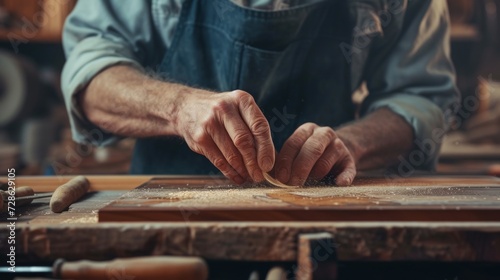 Craftsman hands carving wood with precision in a dusty workshop.