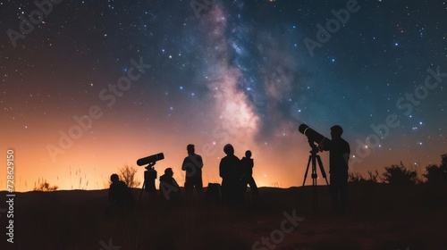 Group of people stargazing in a field using telescopes under a starry night sky. photo