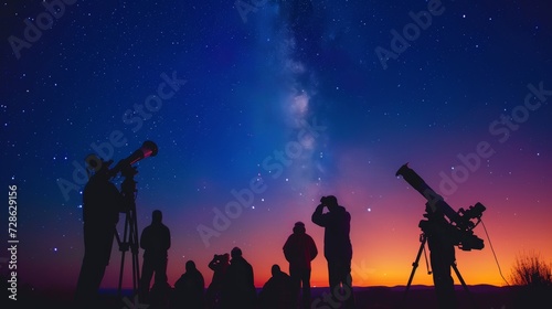 Group of people stargazing in a field using telescopes under a starry night sky.