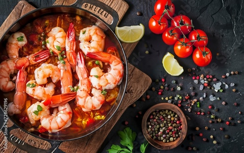 Cooked shrimp in a saucepan with parsley and tomatoes. On rustic dark background