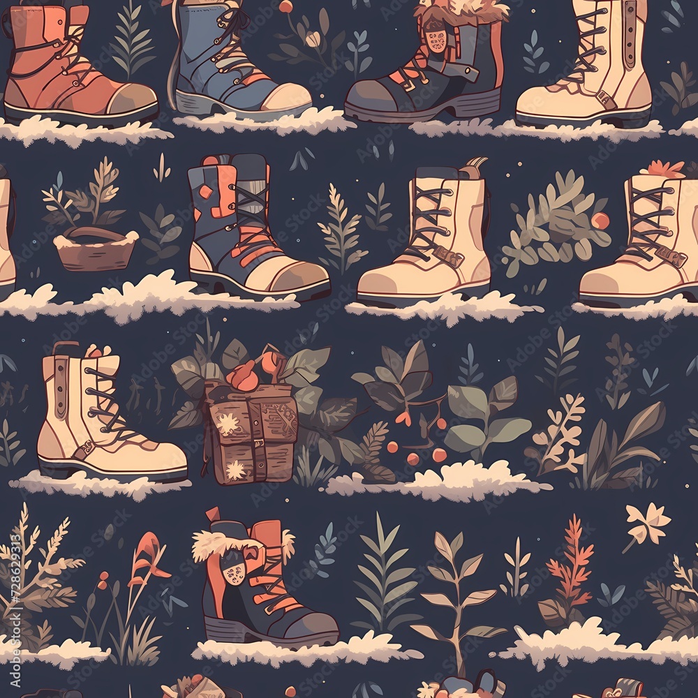 Pattern of Winter Boots and Foliage