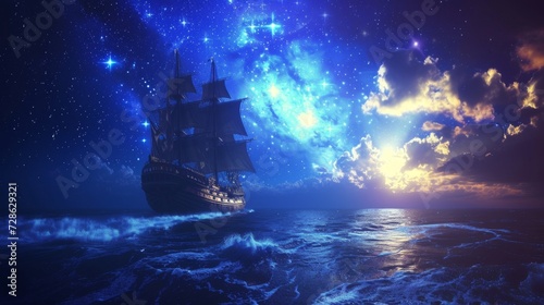 a ship floating on sea with starry sky background