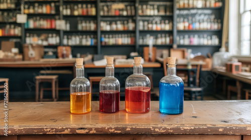 Four distinct bottles of artisanal liquids, each with a unique color, elegantly placed on a rustic wooden table against the backdrop of a well-stocked, contemporary bar.