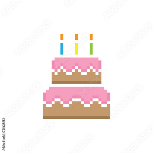 cake icon 8 bit, pixel art  dessert birthday cake icon  game  logo. © veronchick84