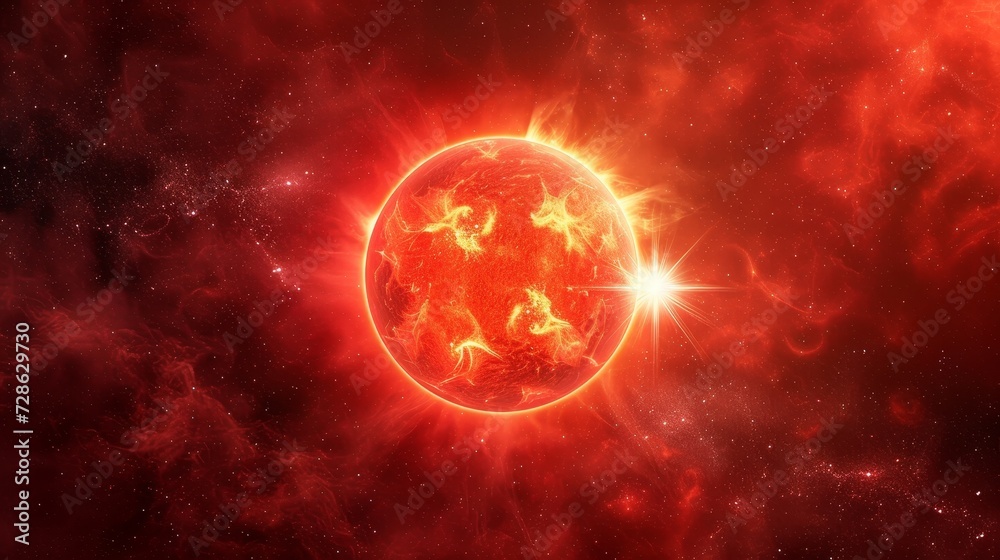 red burning star with red space nebula background