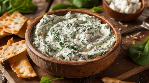 delicious spinach dip in wooden bowl photo