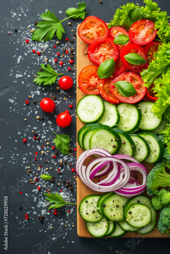 Variety of fresh, sliced vegetables artistically arranged on a wooden cutting board. The dark background accentuates the vivid colors of the tomatoes, cucumbers, onions, and leafy greens. © eugenegg