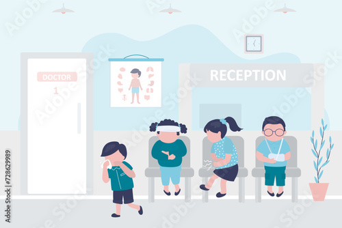 Sick children are sitting in lobby of clinic. Queue at hospital to see doctor. Pediatrics. Various kids with injury, damage, illness, flu. Waiting room or hall interior.