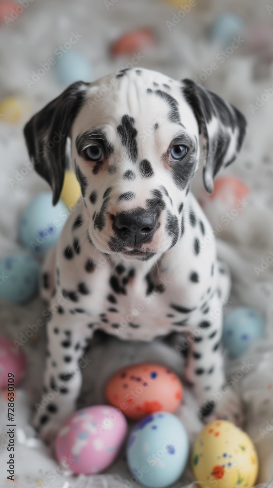 closeup shot of a dog with colorful eggs closeup shot of a dog with colorful eggs
