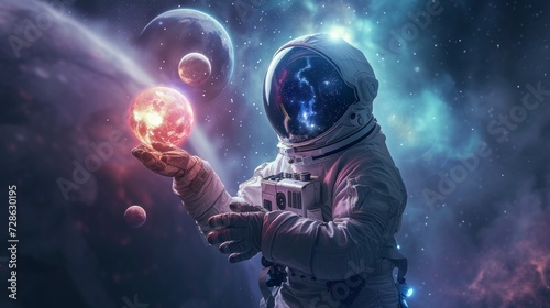 astronaut in space suit holding galaxies in hand and planet
