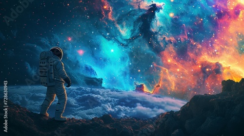 astronaut in a space suit looking at the sky full of real stars