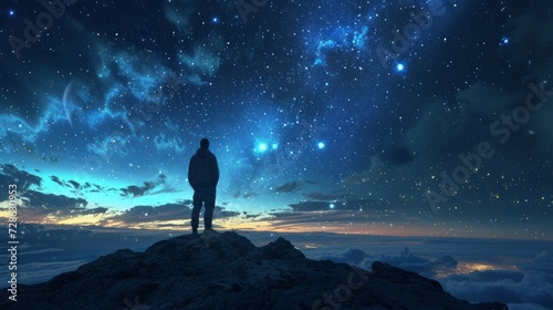 a man standing and looking at starry sky