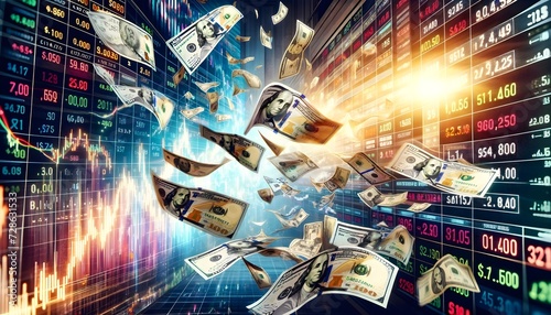 dollar banknotes flying on stock exchange background photo
