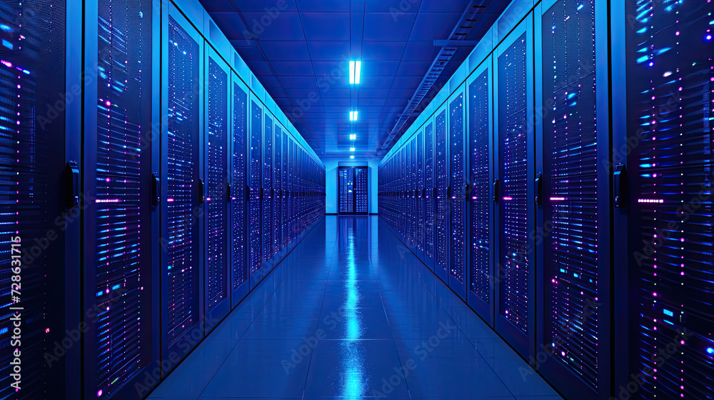 Fototapeta premium A view down the aisle of a futuristic data center lined with high-capacity servers illuminated by neon blue and pink lights.