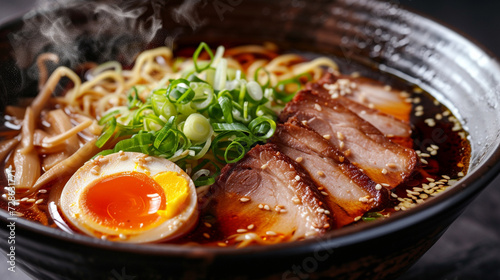 close-up shot of a steaming bowl of Japanese-style Ramen, with rich, flavorful broth, perfectly cooked noodles, tender slices of chashu pork, and a soft-boiled egg photo