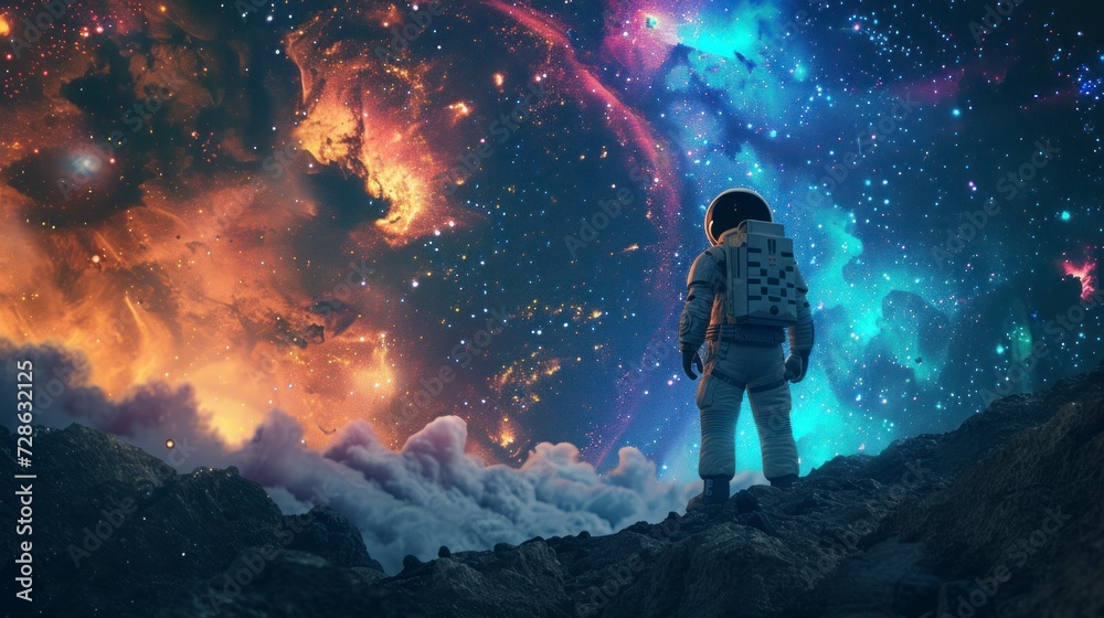 astronaut in a space suit looking at the sky full of real stars and cosmic clouds of different colors on a remote planet in another galaxy in high resolution