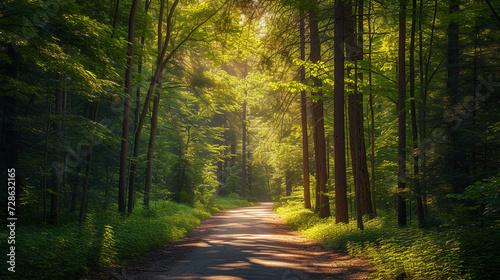serene summer forest road, the ground drenched in sunlight, surrounded by tall trees with lush green foliage The light creates a warm, golden hue on the path © 1st footage