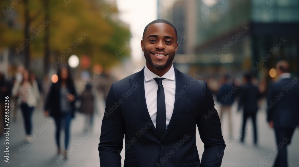 portrait of a handsome smiling white young black businessman boss in a black suit walking on a city street to his company office. blurry crowdy street background --ar 16:9