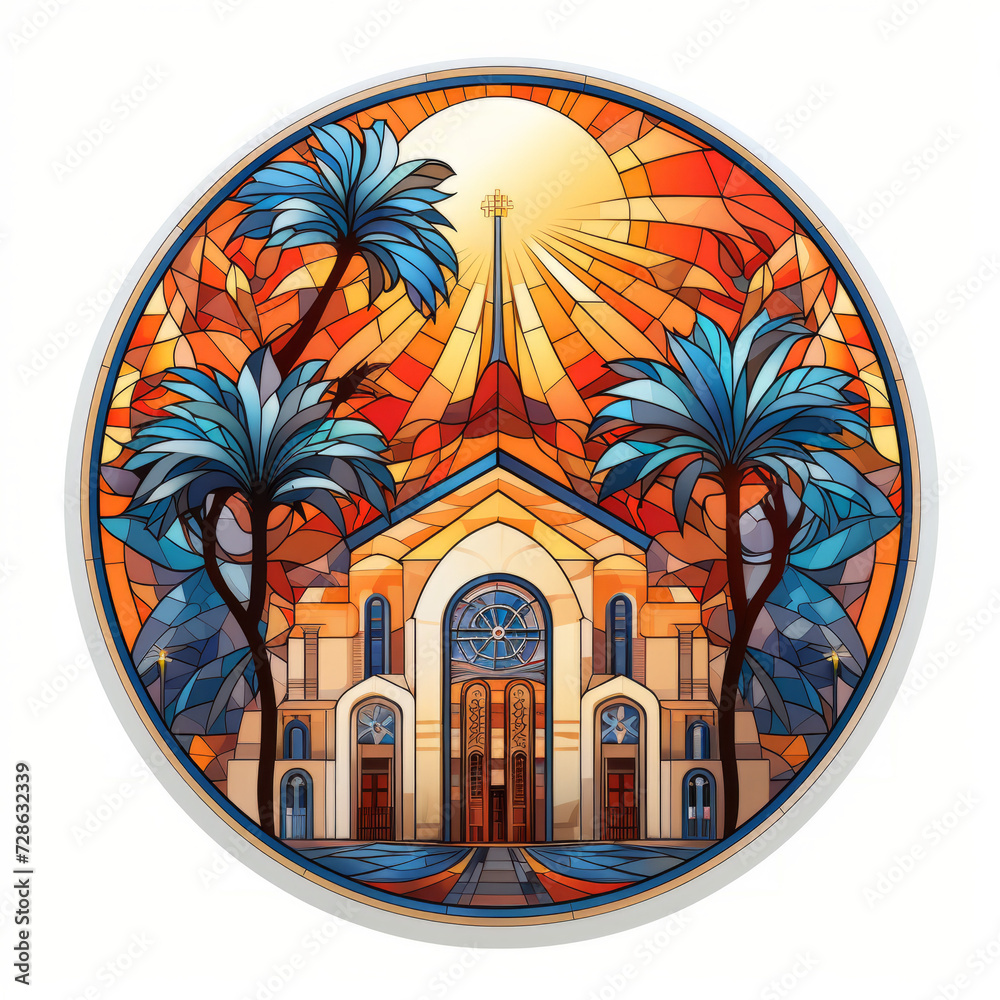 Stylized Stained Glass Window Illustration with Tropical Palms and Church Facade

