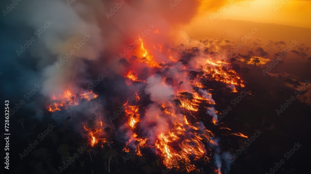 A photograph of a drone view of the whole amazon burning, photograph, rich in detail,