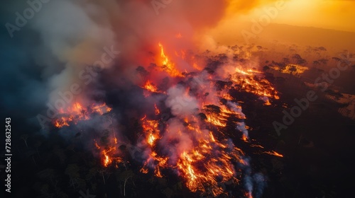 A photograph of a drone view of the whole amazon burning, photograph, rich in detail,