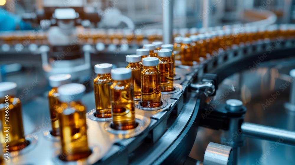 Medical vials on production line at pharmaceutical factory, Pharmaceutical machine working pharmaceutical glass bottles production line, health care, pandemic