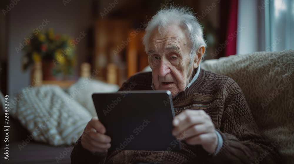 Senior man relaxing on a sofa, browsing on a tablet in a cozy living room with modern decor. Senior man relaxing on a sofa, browsing on a tablet in a cozy living room with modern decor.