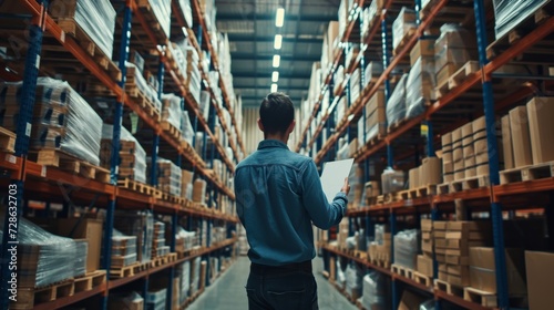 business owner using digital tablet check amount of stock product inventory on shelf at distribution warehouse factory.logistic business ship and delivery, inventory flow, professional.
