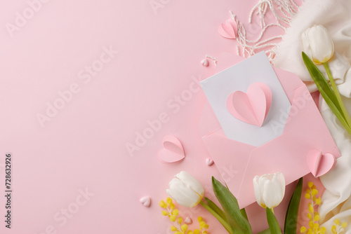 Charm in every moment: glamour for your unforgettable lady on women's day! Top view shot of pink envelope with card, cozy scarf, tulips, mimosa on pastel pink background with space for festive message