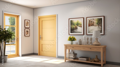 Hallway entrance of a home, there is a counter table to place keys, wall art frame on the wall, 