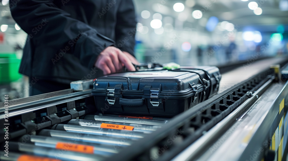 A customs official at an airport, meticulously inspecting a traveler's luggage on a conveyor