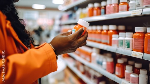 Hand of costumer picking medicine of a shelf inside a orange pharmacy, people behind her shopping on the background,