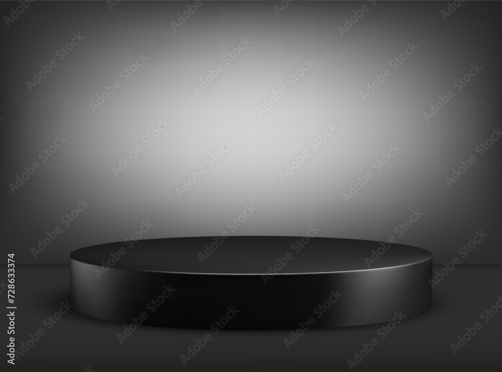 Black empty round pedestal. Black round podium, advertising display of items on a dark background. Black empty round pedestal. Black round podium, advertising display of items on a dark background.