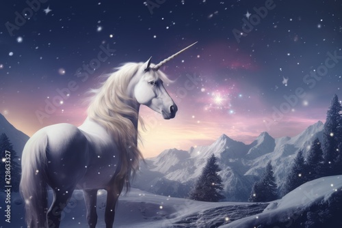 Unicorn pegasus horse in winter in the snow