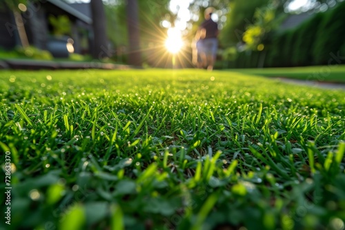 Green lawn near the house in the sunlight, beautiful summer background