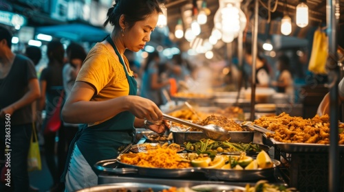 Street food vendor in a bustling night market serving traditional fried dishes.