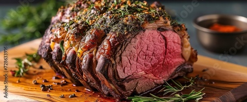 Grass-fed prime rib roast with homemade herbs and spices, Generative AI photo