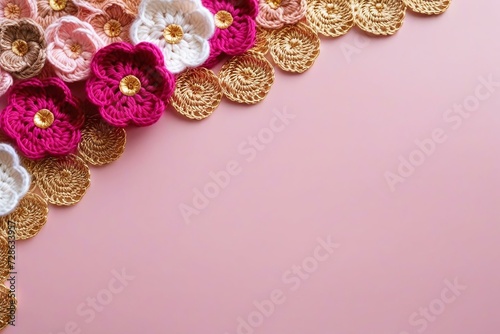 Chic Crochet Sakura Flower Borders on Pink Background